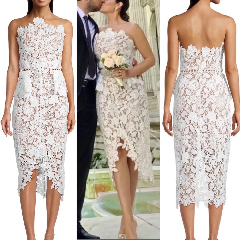 Elliatt Optics Floral Lace Peplum midi Dress — white & nude - bridal dress